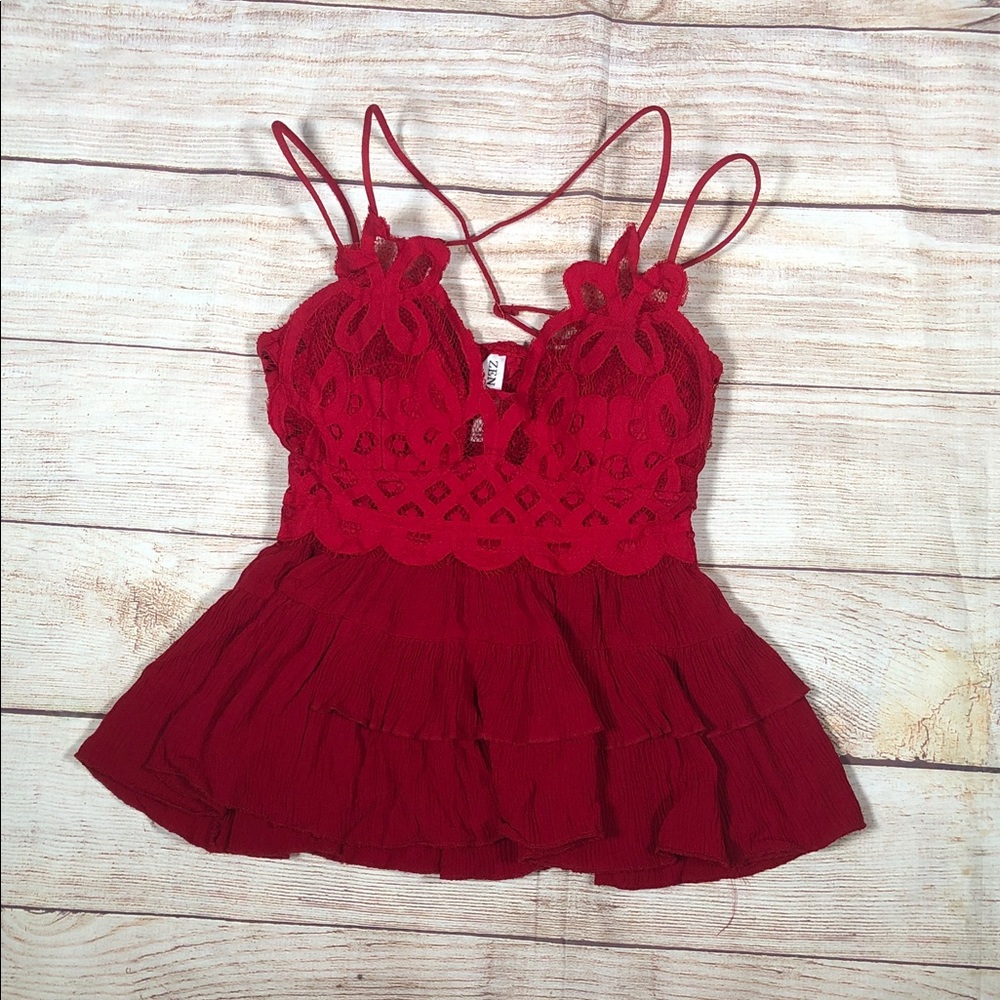 Women’s Red Lace Boho Festival Strappy‎ Peplum Tiered Tank Top